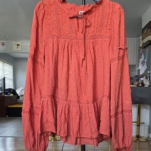 LOFT Coral Peasant Tie-Neck Tunic